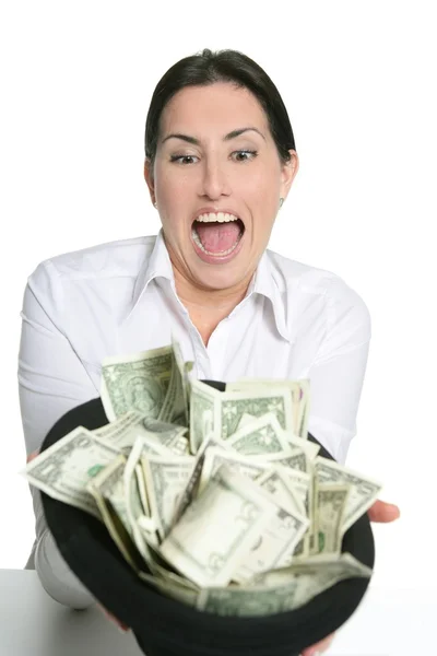 Notas de dólar en manos de mujer morena feliz — Foto de Stock