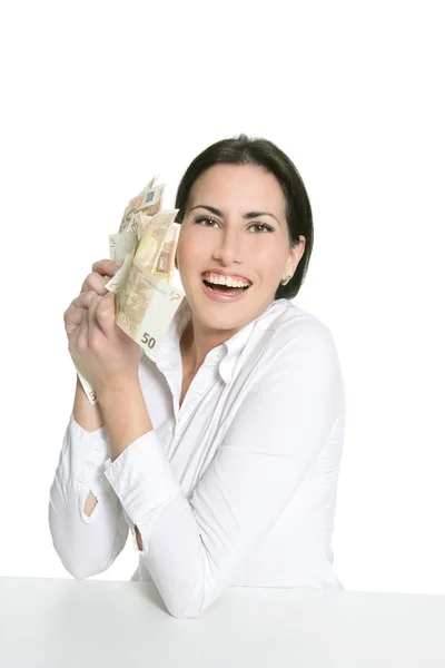 Euroscheine in glücklichen brünetten Frauenhänden — Stockfoto