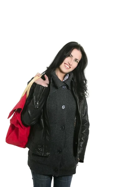 Svart läder jacka shopper kvinna — Stockfoto