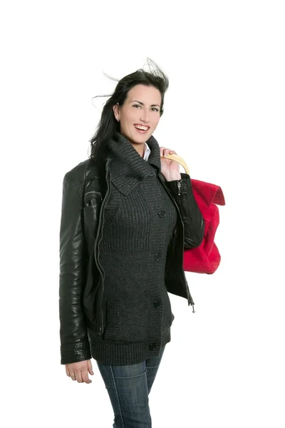 Preto jaqueta de couro shopper mulher — Fotografia de Stock