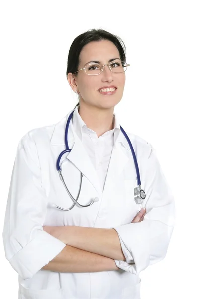 Brunetka piękna kobieta lekarz na białym tle — Zdjęcie stockowe