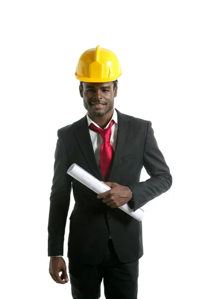 Arquitecto africano americano ingeniero amarillo hardhat — Foto de Stock