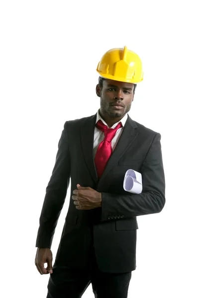 アフリカ系アメリカ人建築家エンジニア黄色ヘルメット — ストック写真