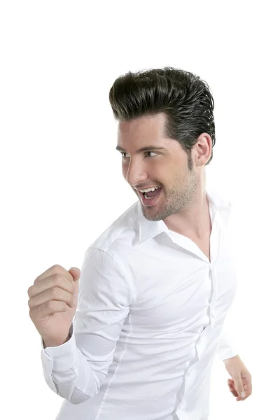 Divertido gesto bailando joven hombre masculino sobre blanco —  Fotos de Stock
