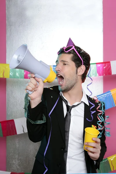 Loudspeaker crazy party man shouting happy — Stock Photo, Image