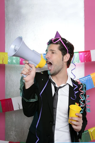 stock image Loudspeaker crazy party man shouting happy