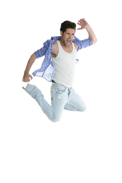 Високий муха чоловік стрибає джинсові модні джинси на білому — стокове фото