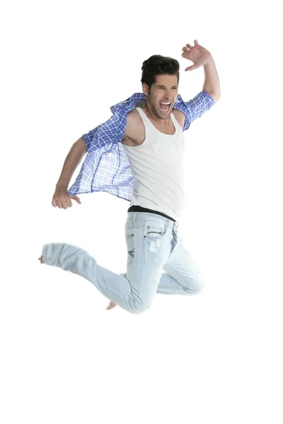Uomo alto volare salto jeans di moda denim su bianco — Foto Stock