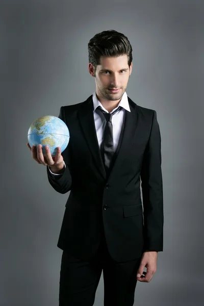 Mundo globo mapa esfera em mão homem de negócios — Fotografia de Stock