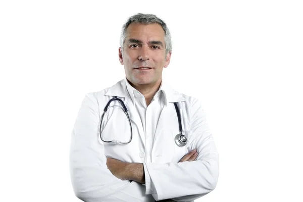 Lekarz starszy wiedzy szare włosy na biały — Zdjęcie stockowe
