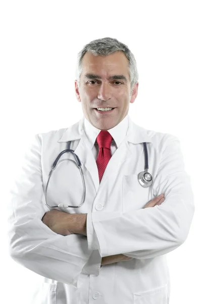 Médecin senior expertise cheveux gris sur blanc — Photo