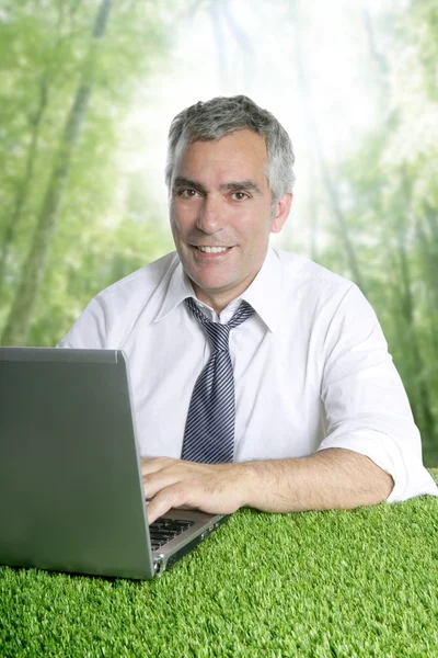 Старший бізнесмен працює зеленим трав'яним лісом — стокове фото