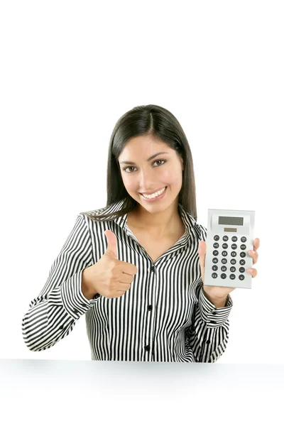 Calculadora empresária feliz por boas estatísticas — Fotografia de Stock