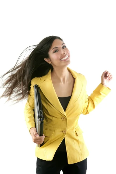 Jovem estudante morena feliz com casaco amarelo — Fotografia de Stock