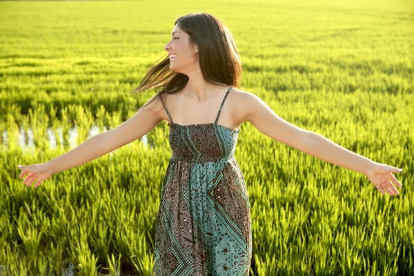 Güzel esmer Hintli kadın yeşil pirinç tarlaları — Stok fotoğraf