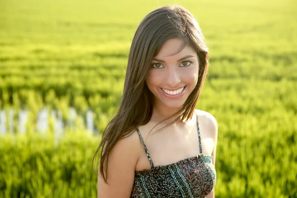 Красива брюнетка індійська жінка в зелених рисових полях — стокове фото