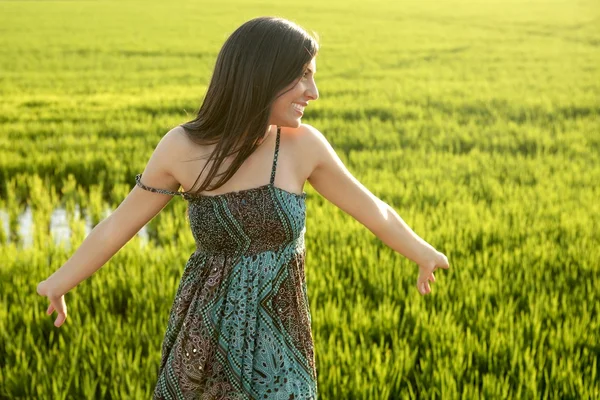 Gyönyörű barna indiai nő zöld rizs mezők — Stock Fotó