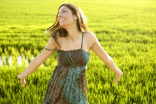 Beautiful brunette indian woman in green rice fields — Stock Photo, Image
