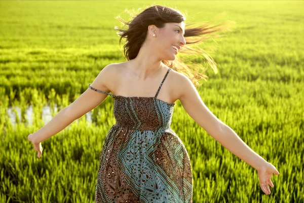 Schöne brünette indische Frau in grünen Reisfeldern — Stockfoto