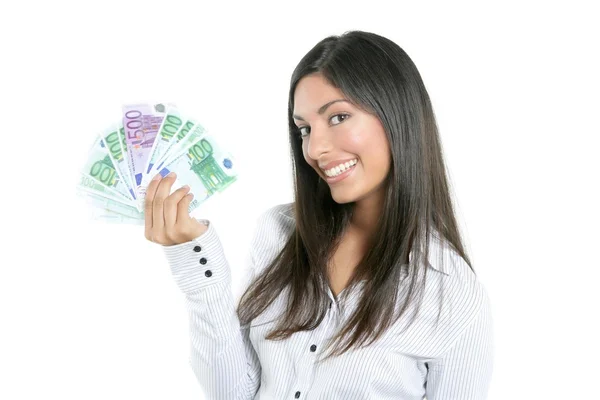 Hermosa empresaria de éxito sosteniendo billetes de euro — Foto de Stock