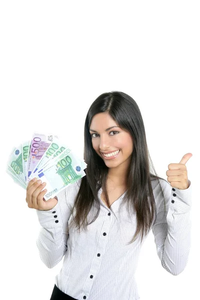 Krásný úspěch podnikatelka drží eurobankovky — Stock fotografie