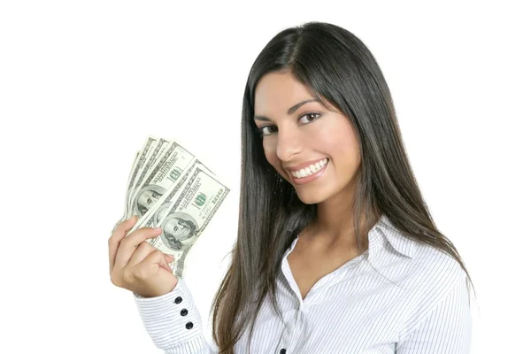 Hermosa empresaria de éxito sosteniendo billetes de dólar —  Fotos de Stock