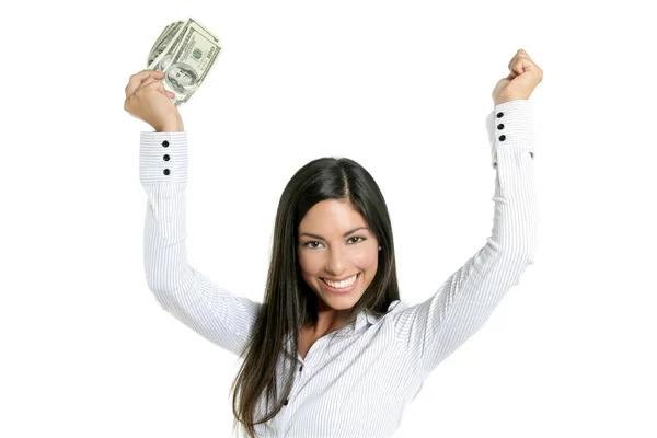 Schöne erfolgreiche Geschäftsfrau mit Dollarscheinen — Stockfoto