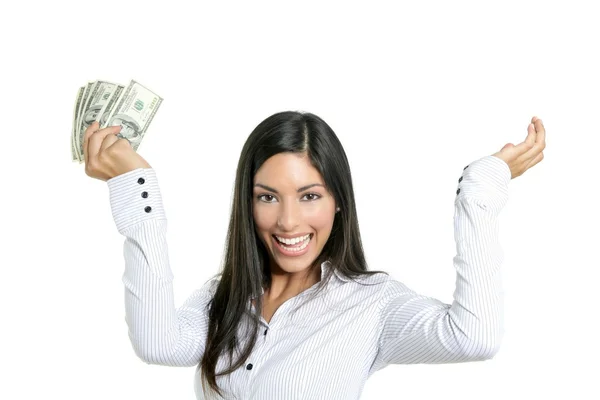 Прекрасный успех бизнес-леди с долларовыми нотами — стоковое фото