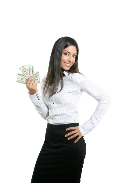 Bonita empresária de sucesso segurando notas de dólar — Fotografia de Stock