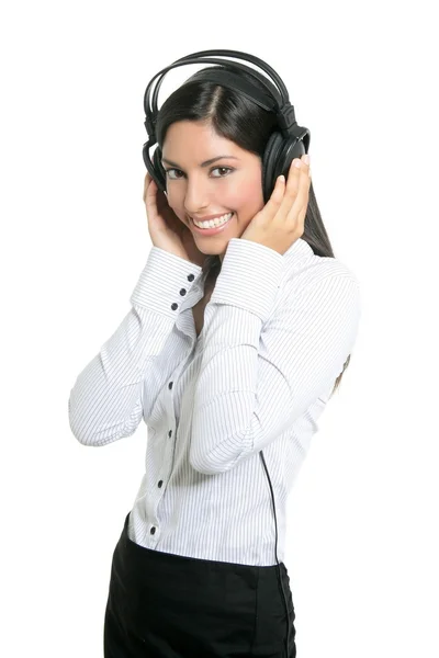 Linda morena empresária ouvir música — Fotografia de Stock