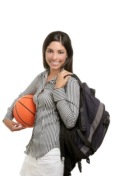 Estudante atraente com saco e bola de basquete — Fotografia de Stock