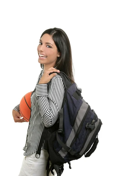 Attraktive Studentin mit Tasche und Basketballball — Stockfoto