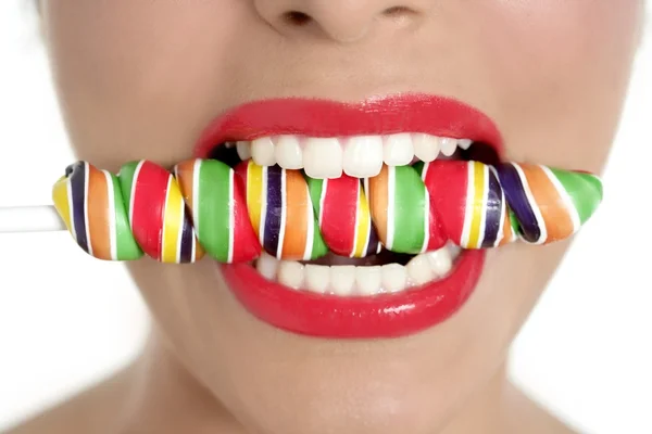Kolorowe lollypop idealna kobieta zęby — Zdjęcie stockowe