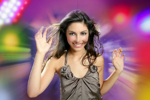 Beautiful brunette dancing night disco lights — Stock Photo, Image