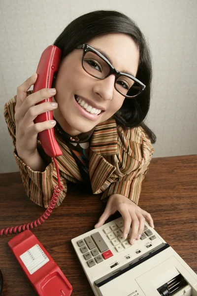 Retro secretary wide angle humor telephone woman — Stock Photo, Image