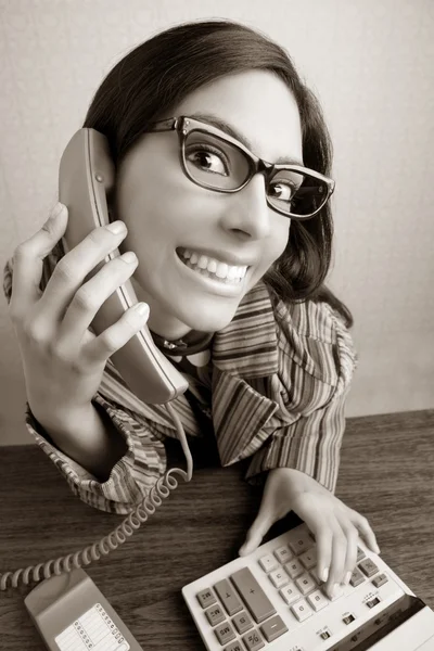 Retro secretary wide angle humor telephone woman — Stock Photo, Image