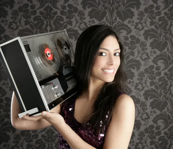 Retro open reel tape recorder beautiful brunette Dj — Stock Photo, Image