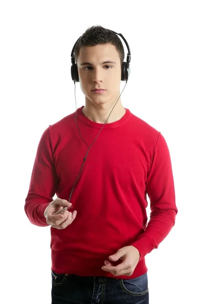 Ung student pojke klänning i rött höra mp3 musik — Stockfoto