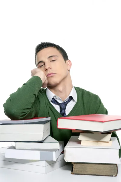 Fiú diák több mint a pult felett verem könyveket alszik — Stock Fotó