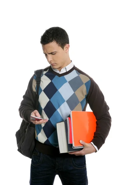 Estudante com saco, telefone e livros indo à escola — Fotografia de Stock