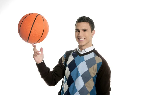 Happy young boy student with basketball ball — Stock Photo, Image