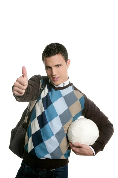Happy young boy student with football ball — Stock Photo, Image