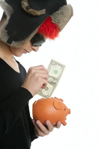 Crazy young student boy, one dollar in piggy bank — Stock Photo, Image