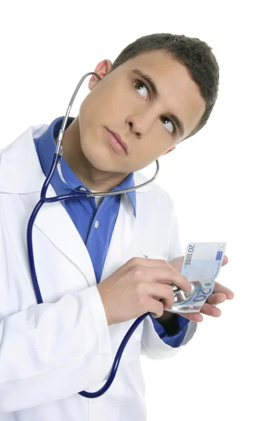 Médico que cuida da saúde da nota de 20 euros — Fotografia de Stock