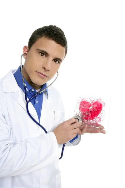 Doctor test a red heart health, young man — Stock Photo, Image