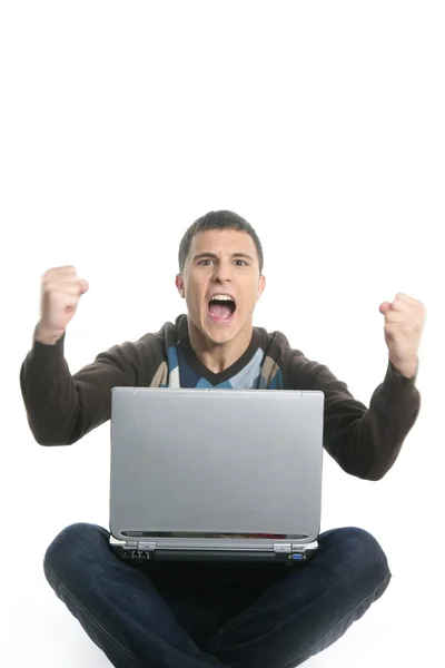 Diák boldog laptop, siker mozdulat kifejezése — Stock Fotó