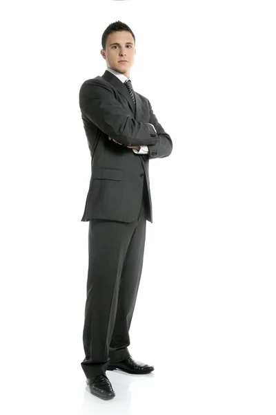 Uomo d'affari giovane alzarsi, lunghezza completa su bianco — Foto Stock