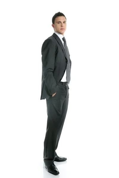 Uomo d'affari giovane alzarsi, lunghezza completa su bianco — Foto Stock