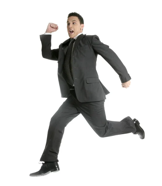 Businessman jumping at studio, full on white — Stock Photo, Image