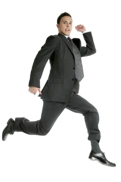 Businessman jumping at studio, full on white — Stock Photo, Image